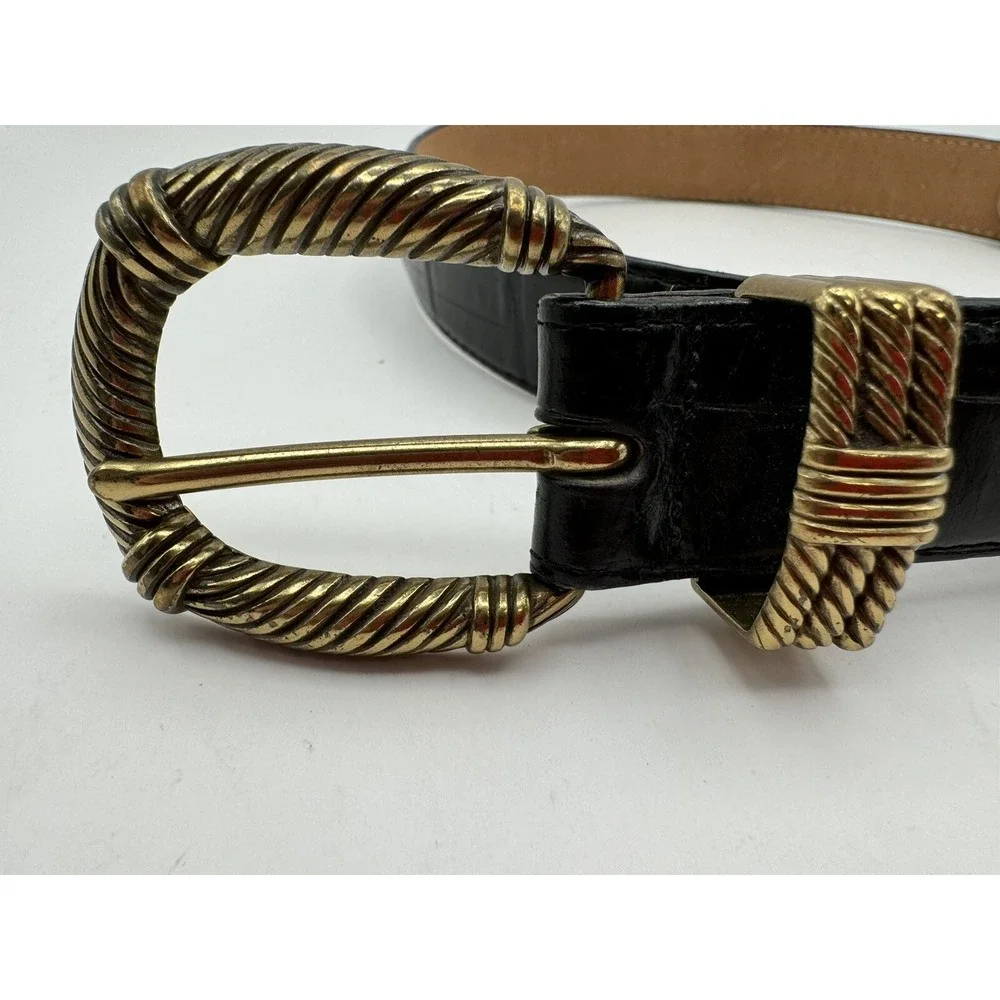 Brighton‎ Sz L Black Leather Crocodile Print Fashion Belt Brass Buckle 50123